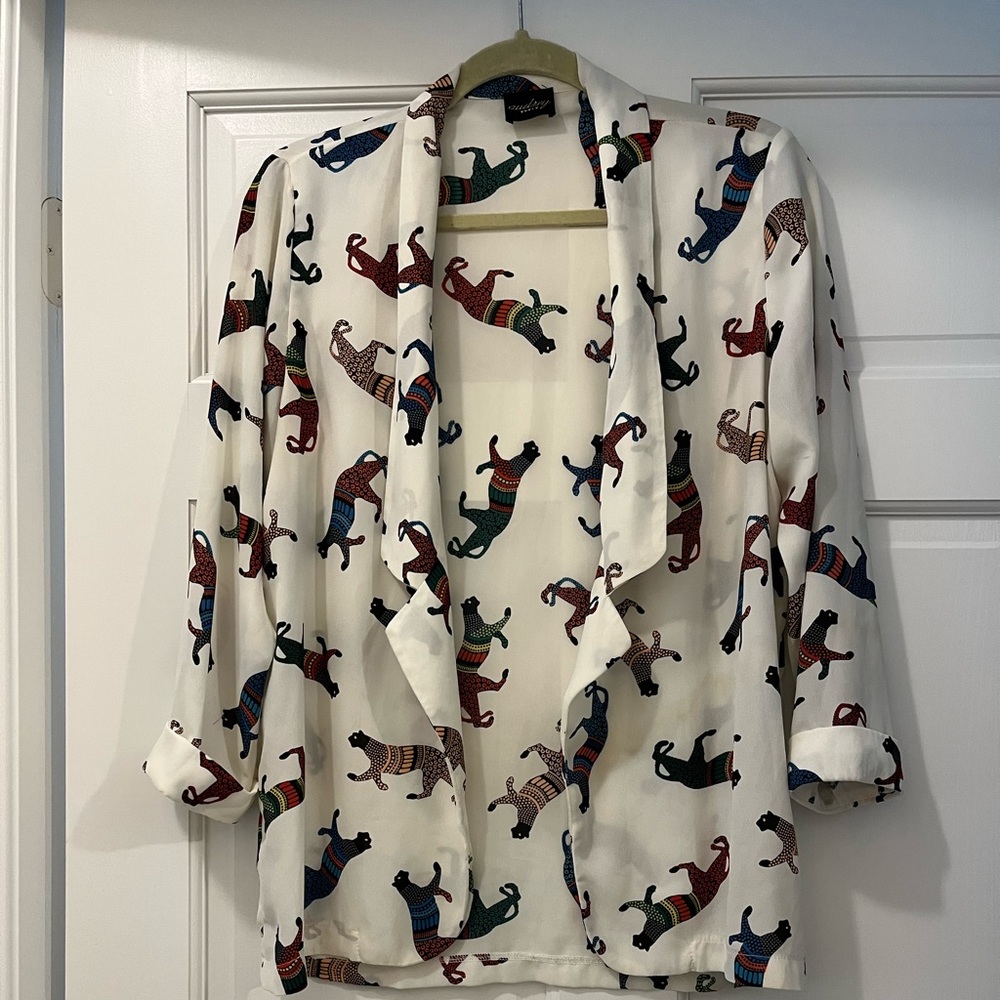 Women’s White Novelty Dog Print Open Cardigan Sweater